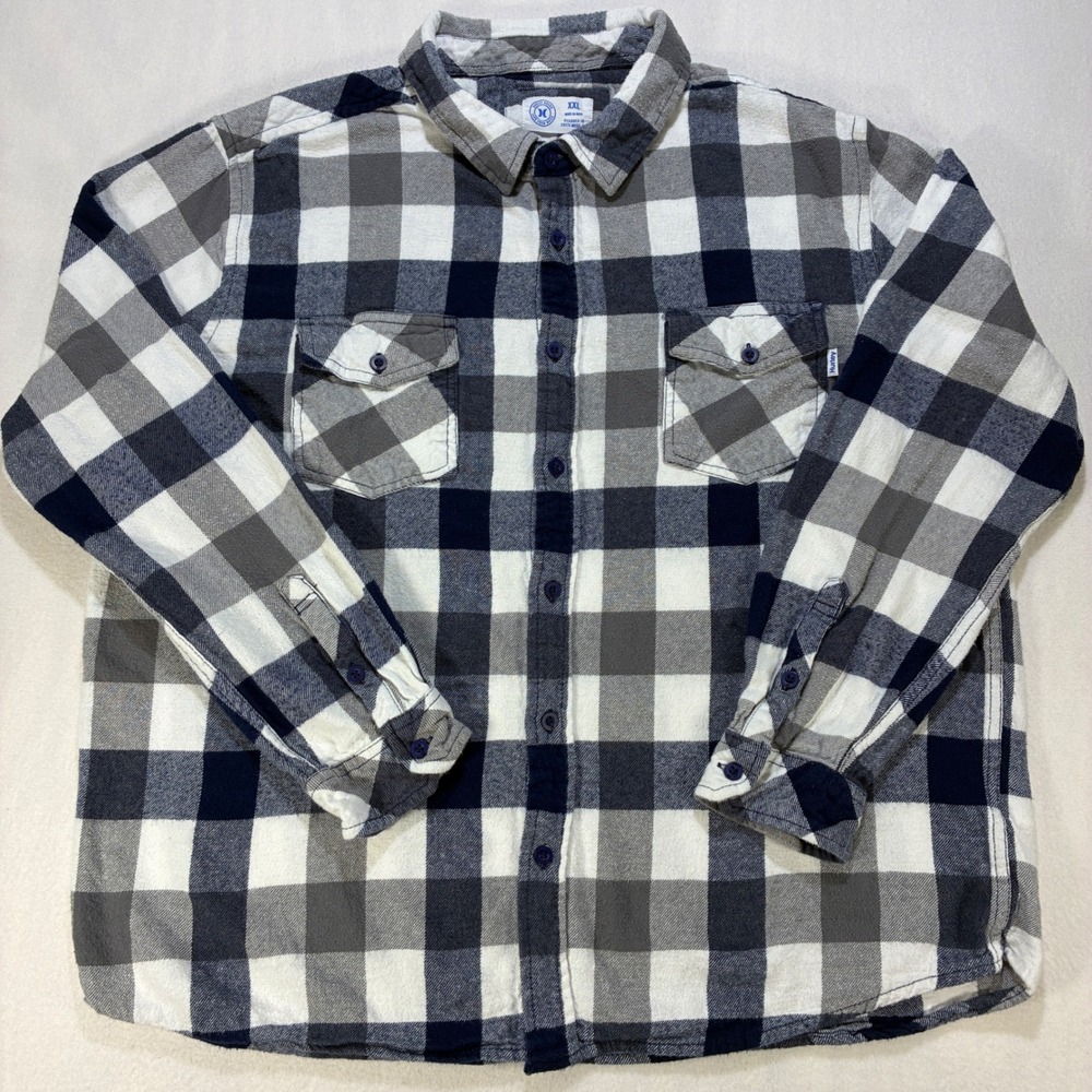 Hurley Buffalo Plaid Flannel Button Down Shirt Mens XXL Long Sleeve Blue Grey
